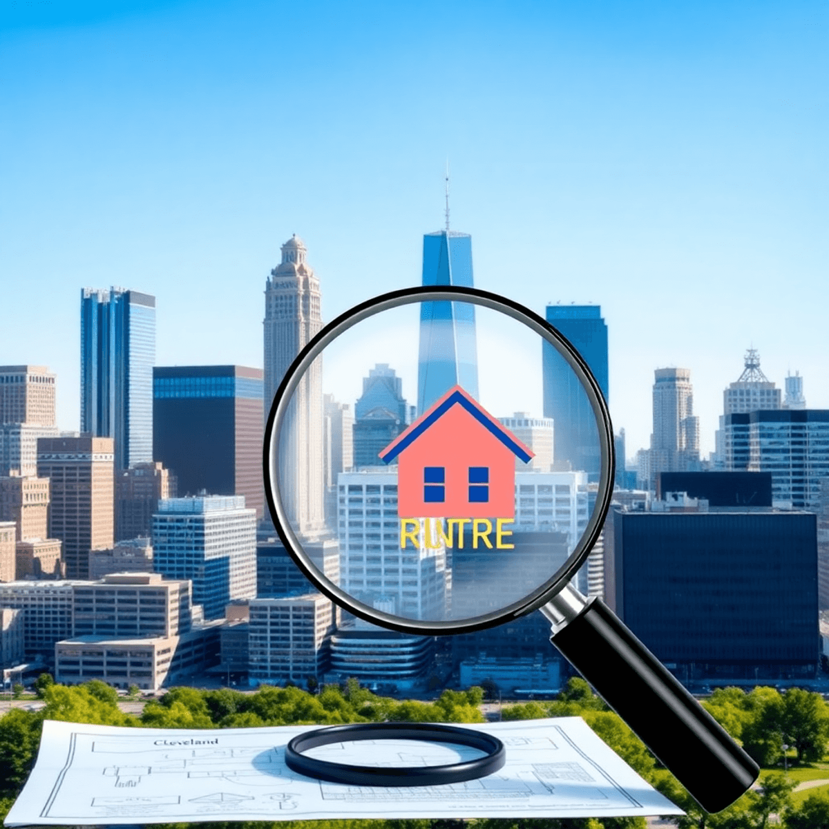 A vibrant Cleveland cityscape with commercial buildings and skyscrapers under a clear blue sky, featuring a magnifying glass over property blueprints and appraisal documents.